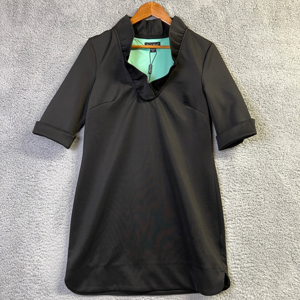 Charlie Paige Shift Dress Women Sz S/M Black Ruffle Neck Mod Retro Giftcraft